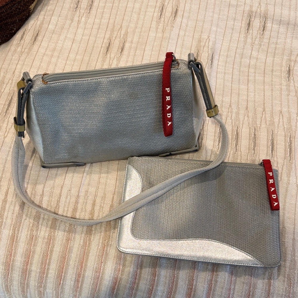 Prada Silver and Gray Clutch & Wristlet Set